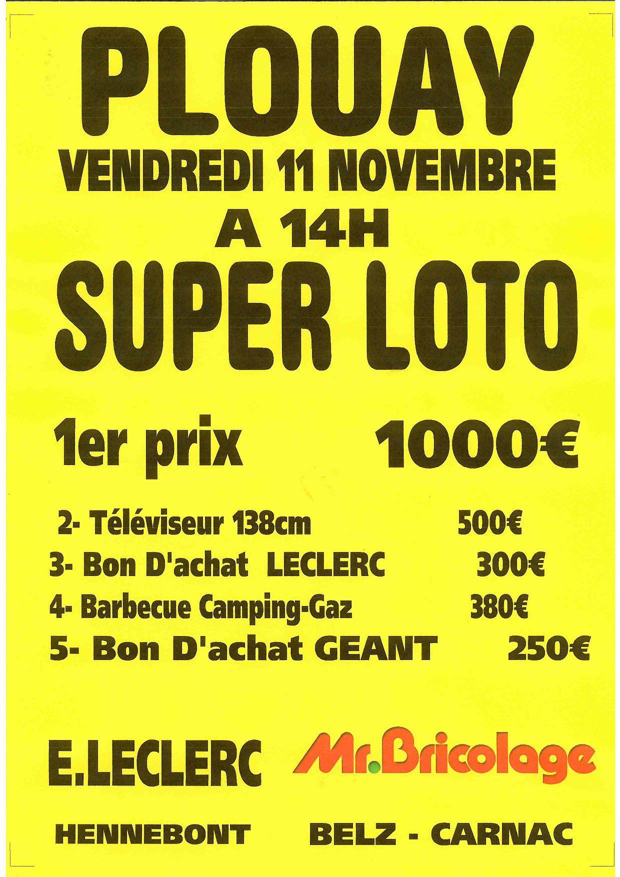 L'US Montagnarde organise un loto le 11/11/2016 à 14h salle de Plouay